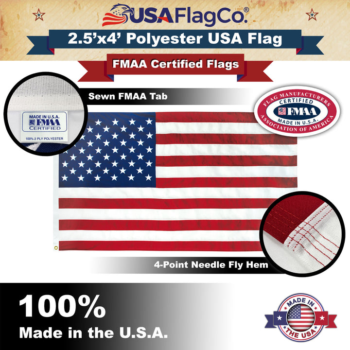 Polyester US Flag (2.5x4 foot) Embroidered Stars & Sewn Stripes - USA Flag Co.