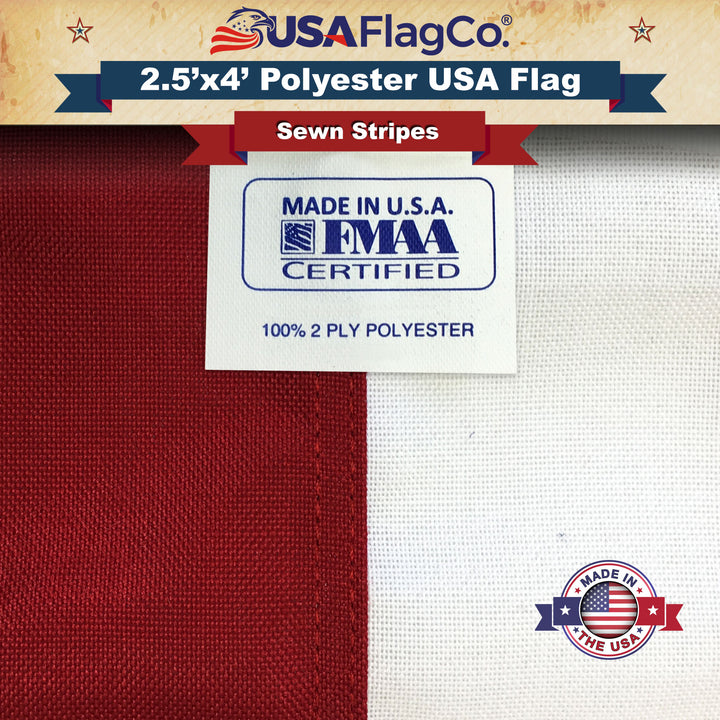 FMAA Polyester US Flag 2.5x4 foot Embroidered Stars & Sewn Stripes - USA Flag Co.