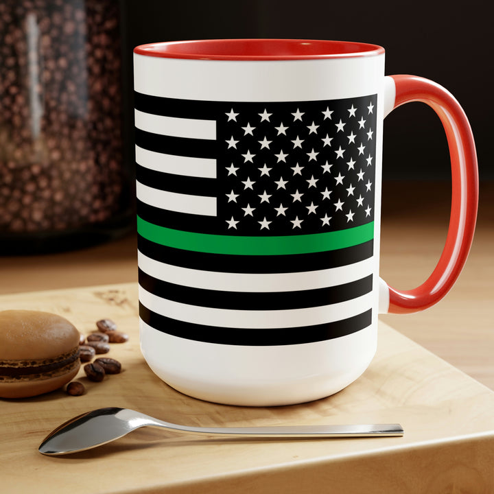 Two-Tone Thin Green Line Flag Coffee Mugs, 15oz