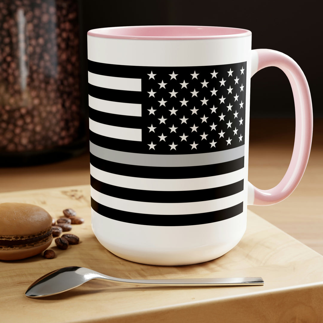 Two-Tone Thin Silver Line Flag Coffee Mugs, 15oz