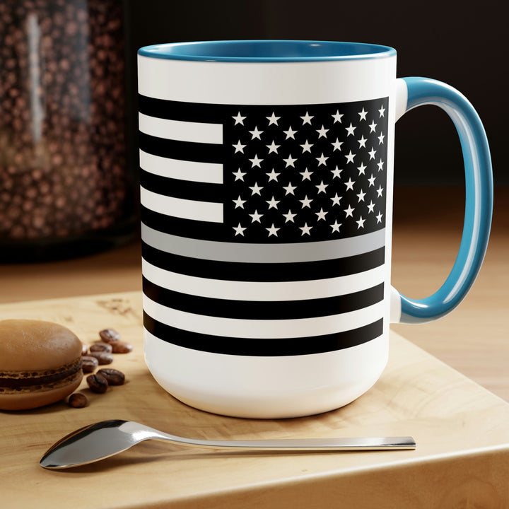 Two-Tone Thin Silver Line Flag Coffee Mugs, 15oz