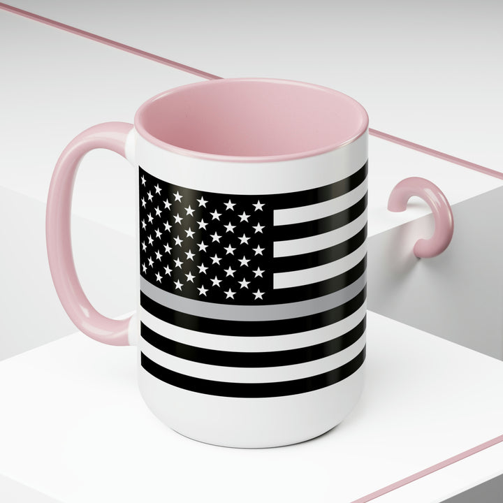 Two-Tone Thin Silver Line Flag Coffee Mugs, 15oz