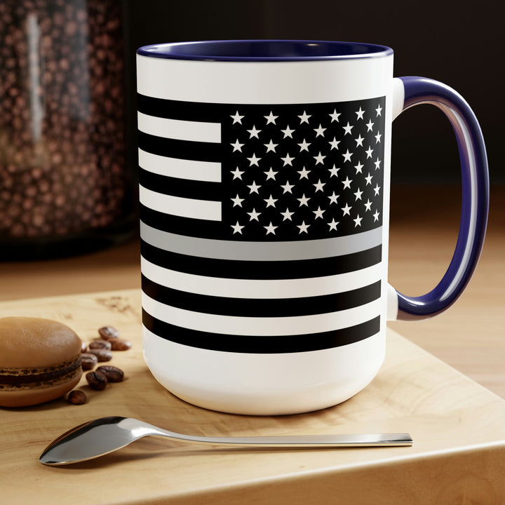 Two-Tone Thin Silver Line Flag Coffee Mugs, 15oz