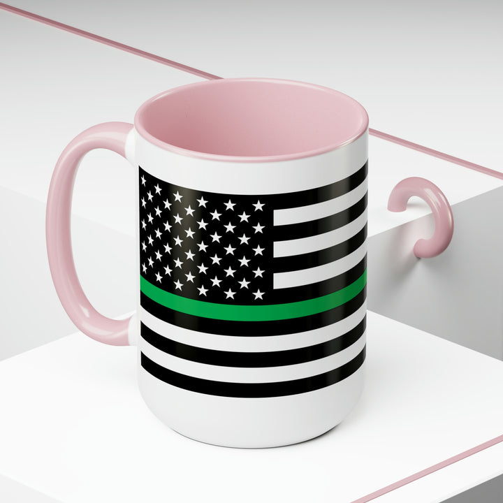 Two-Tone Thin Green Line Flag Coffee Mugs, 15oz