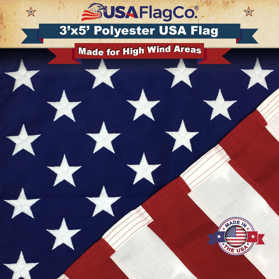 Polyester US Flag (3x5 foot) Embroidered Stars & Sewn Stripes - USA Flag Co.