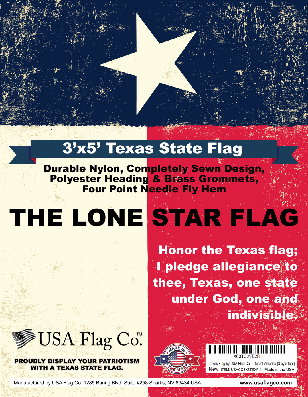 Texas Flag (3x5 foot) Fully Sewn Design - USA Flag Co.