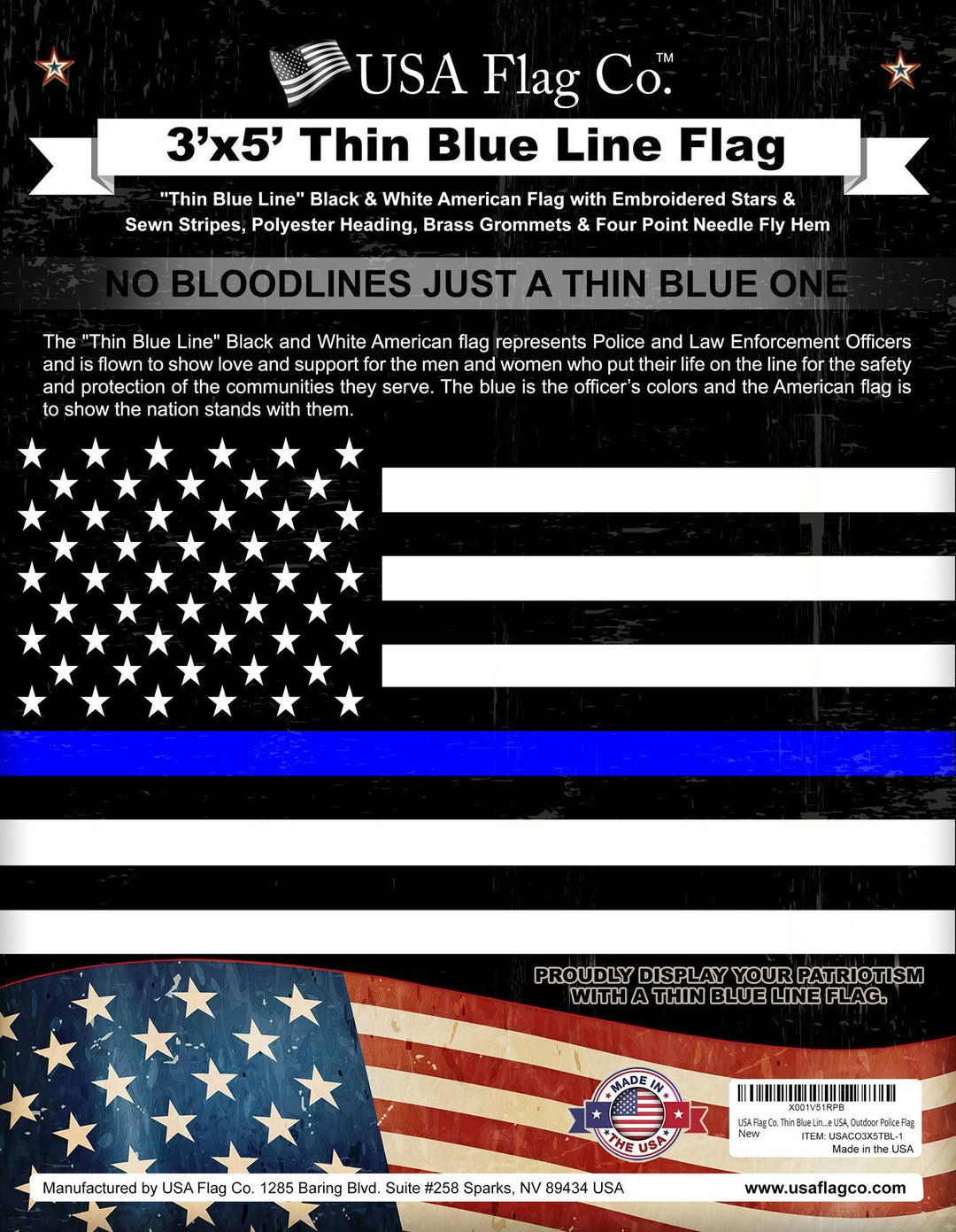 Thin Blue Line American Flag (3x5 foot) Embroidered Stars & Sewn Stripes - USA Flag Co.